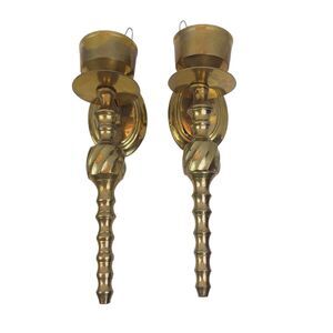 2 Vintage Solid Brass Sconce Spiral Wall Hanging Candlestick Holders Marked SB